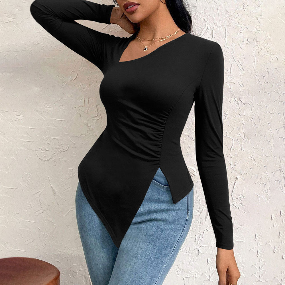 Amazon cross-border fashion women's elegant asymmetrical neckline t-shirt - spring/summer new arrival, versatile commute long sleeve top