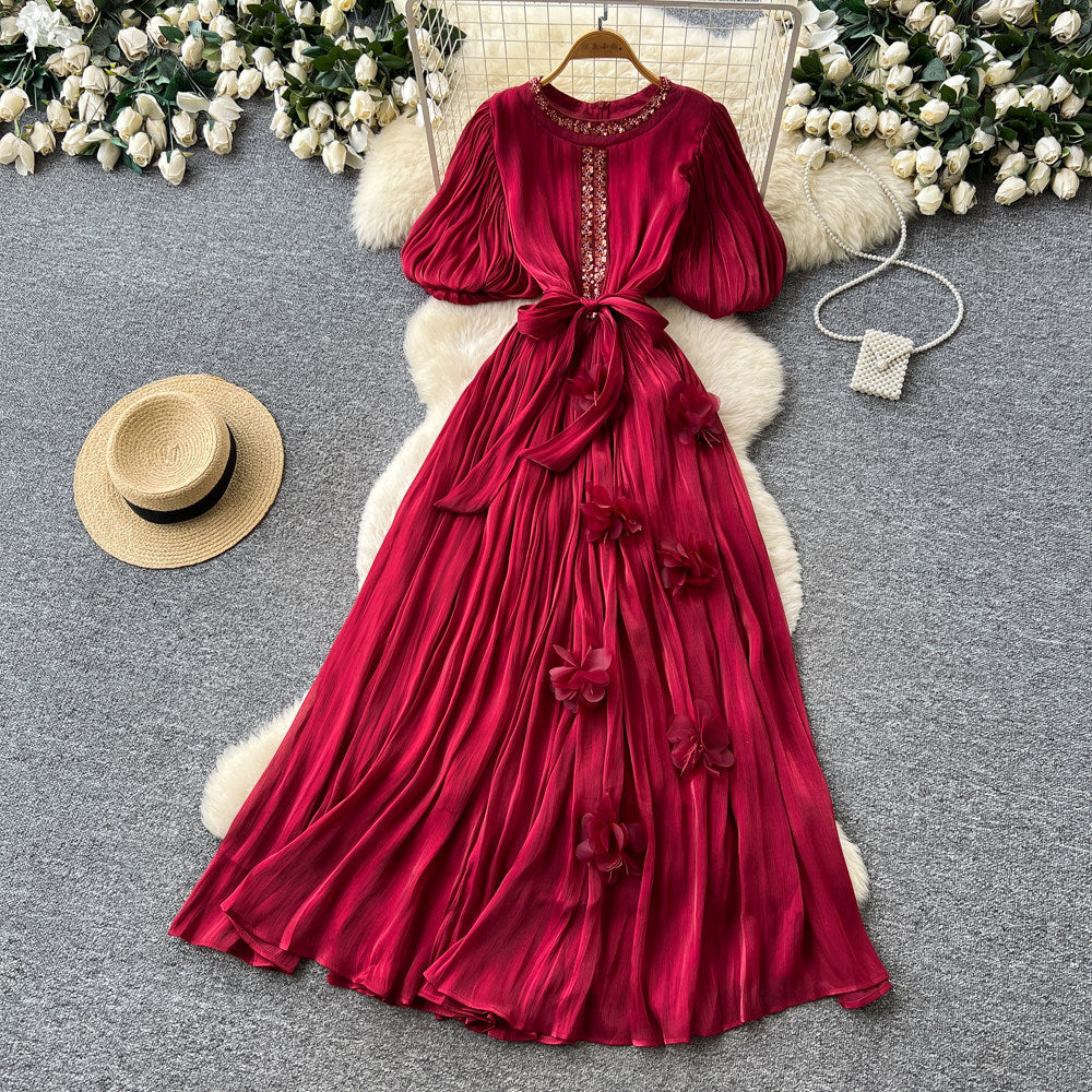 French heavy industry diamond-encrusted red pleateddress women's summerk-style waist slimming lookelegant thousand gold style long skirt