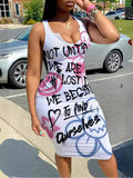 European and american cross-border fashion women's clothing:  summer new sleeveless u-neck graffiti print bodycon mini dress