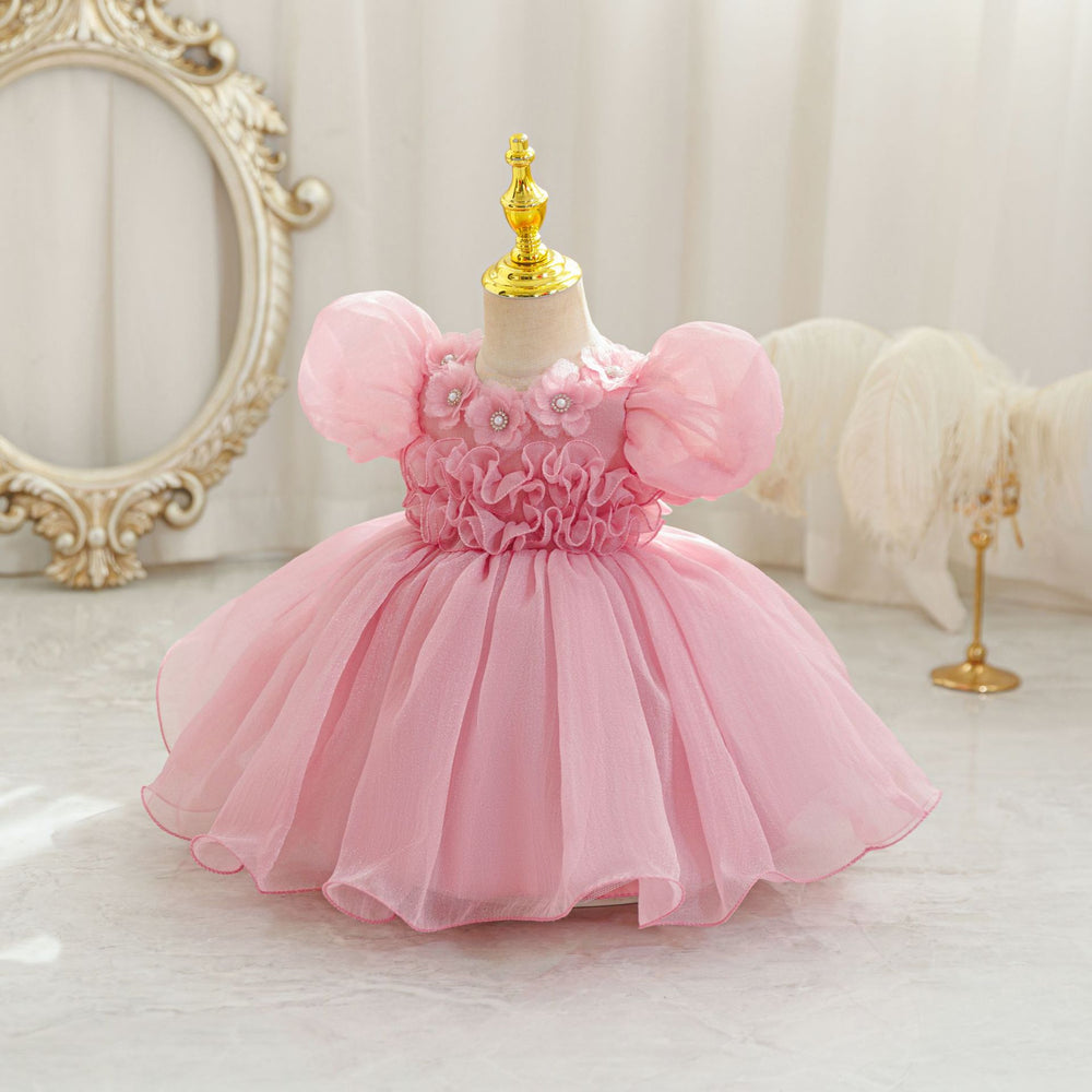 Ready-to-ship new bubble sleeve children's formal dress, floral tulle princess dress, baby girl's first birthday dress