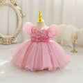 Ready-to-ship new bubble sleeve children's formal dress, floral tulle princess dress, baby girl's first birthday dress