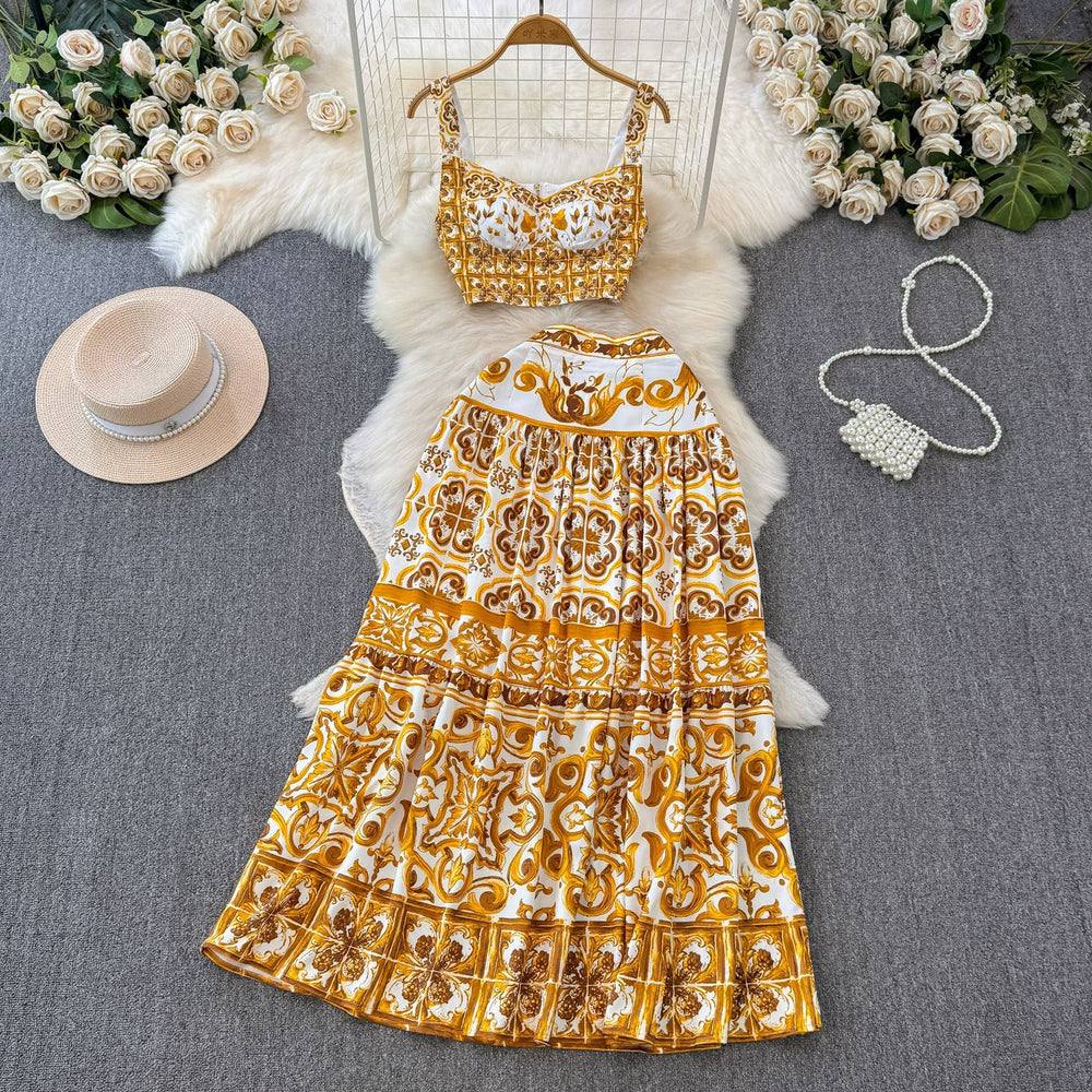 Summer blue and white porcelain print set for women: 3d padded bandeau top with straps + pleated midi skirt two-piece outfit