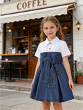 new european and american style cross-border girls' chic dress - denim patchwork solid color dress