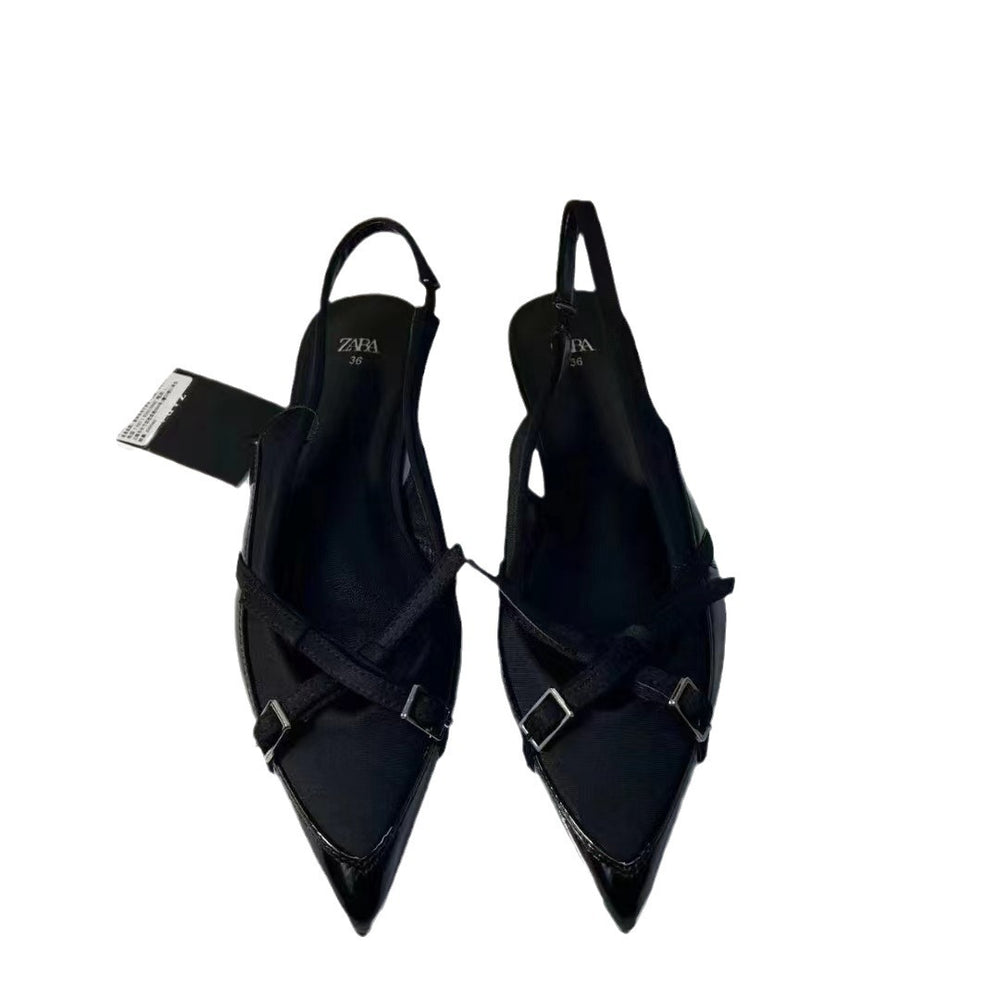 Za 2024 spring/summer new trf women's black patent leather criss-cross buckle flat mary jane pointed-toe mules