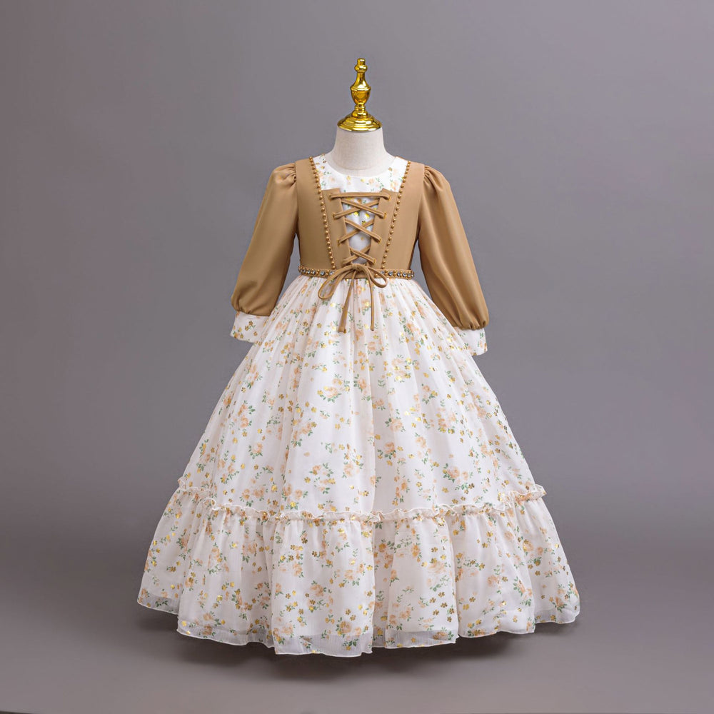 Ready-to-ship new chiffon dress long sleeve floral print princess dress girls' piano performance dress flower girl dress