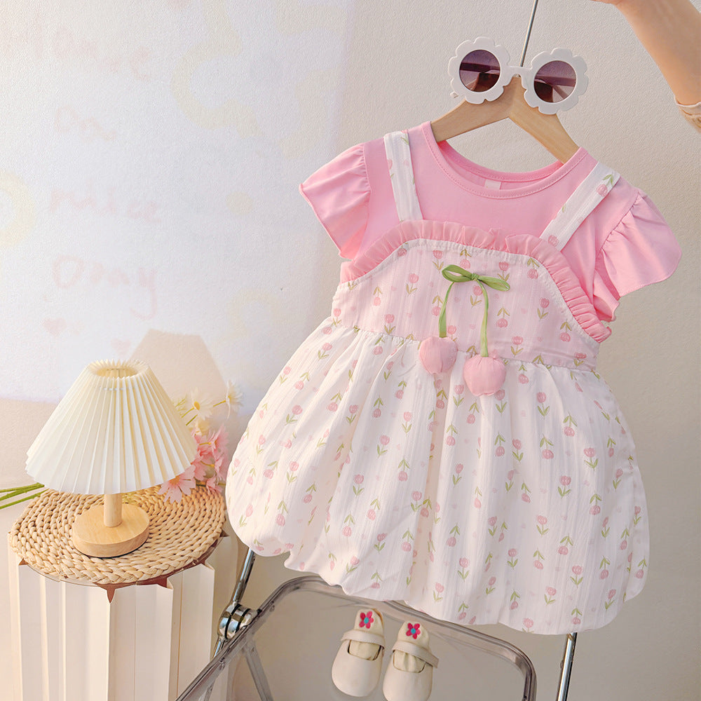 summer girls' cartoon dress - new floral print short-sleeve dress for toddlers and young children (faux two-piece)