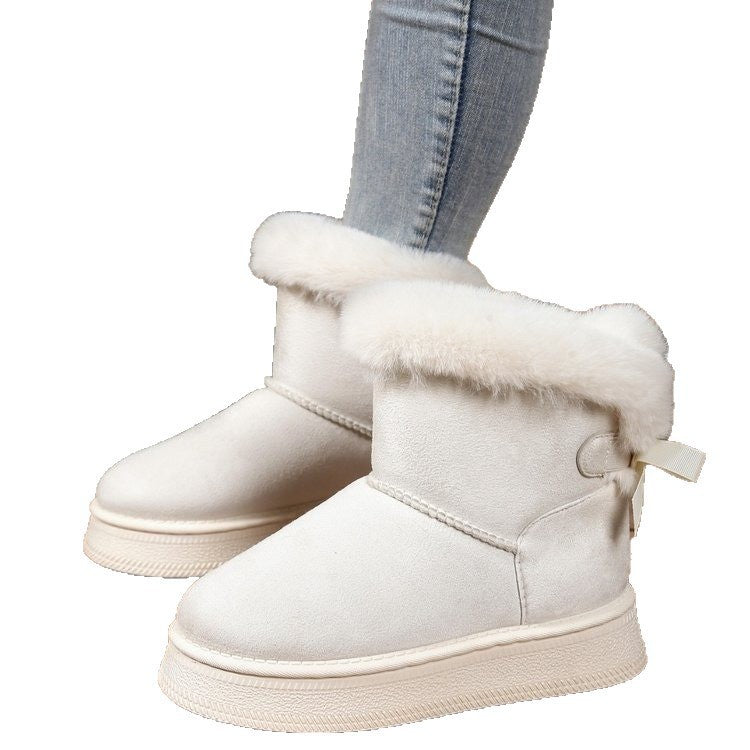cross-border winter new arrivalfleece-linedthickenedplus size snow boots thick sole fur bow bowsheattech short boots for women