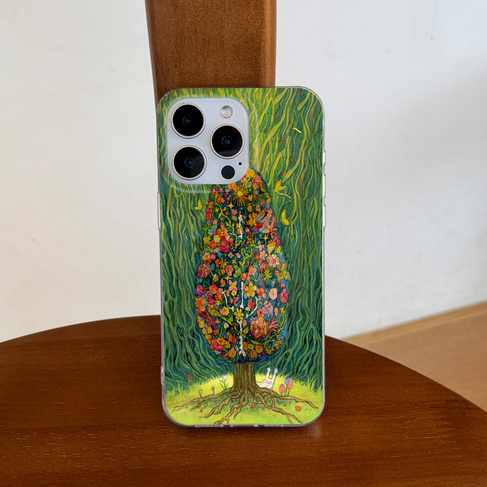 "instagram-worthy forest-themed healing illustration phone case, compatible with iphone 17 pro max, iphone 16/15, and iphone 13. drop-proof hard case."