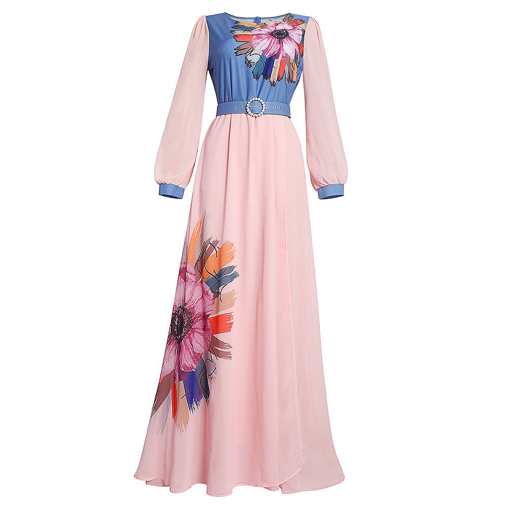 African women's plus size new fashion elegant high waist slimming printed long sleeve dress - cross-border supply, ready stock