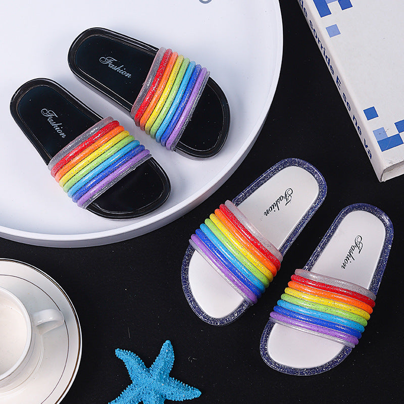 2024 children's slippers - summer new arrival: trendy, high-value rainbow light-up indoor/outdoor one-strap slides for girls