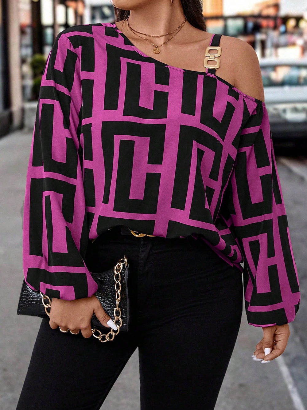 plus size retro print shirt - asymmetrical off-the-shoulder metal buckle cami with maze pattern oversized top