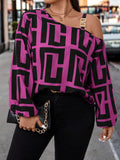 plus size retro print shirt - asymmetrical off-the-shoulder metal buckle cami with maze pattern oversized top