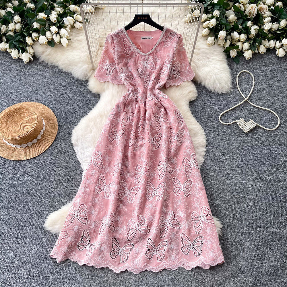 French-style heavy lace v-neck butterfly cutout dress - women's summer korean style short sleeve slimming a-line dress - pink