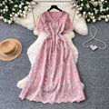 French-style heavy lace v-neck butterfly cutout dress - women's summer korean style short sleeve slimming a-line dress - pink