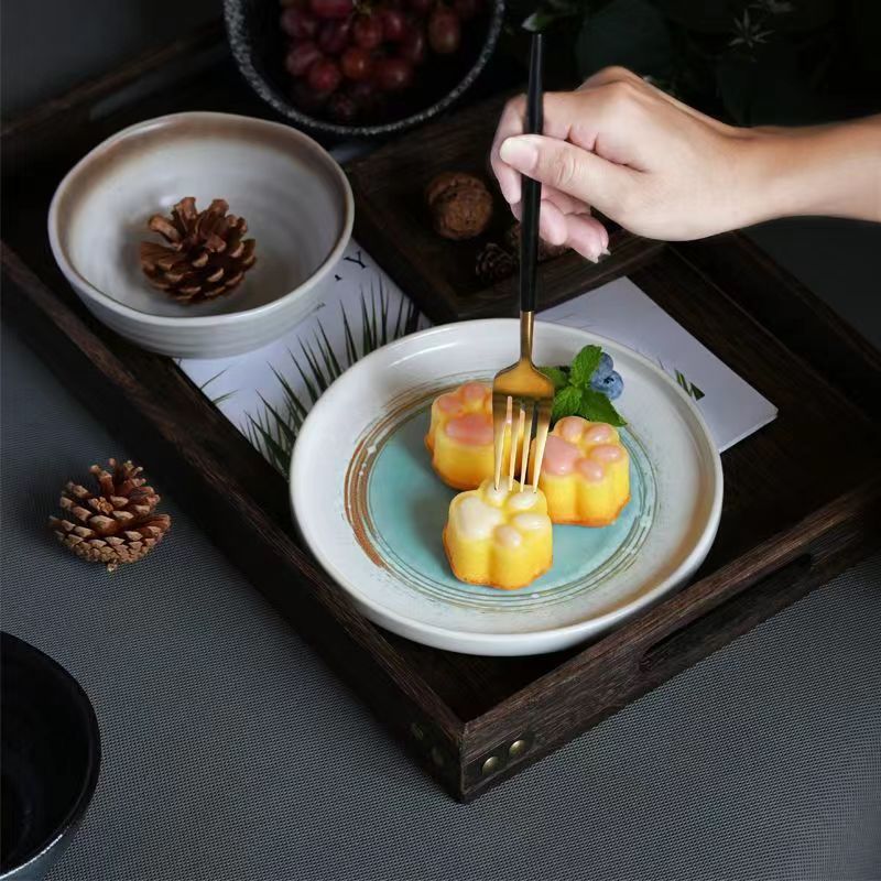 Japanese retro ceramic western dinner plate steak flat plate stoneware household dinner plate commercial round plate hotel restaurant tableware