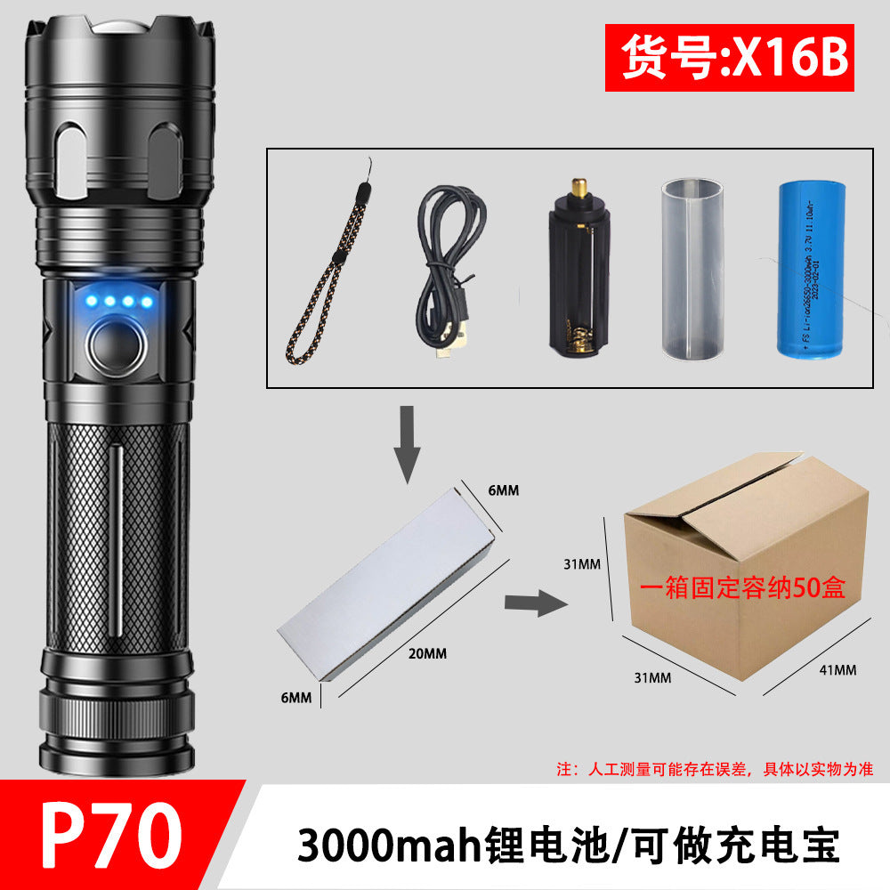 Cross-border aluminum alloy P70 telescopic strong light flashlight power display rechargeable P50 outdoor small portable flashlight