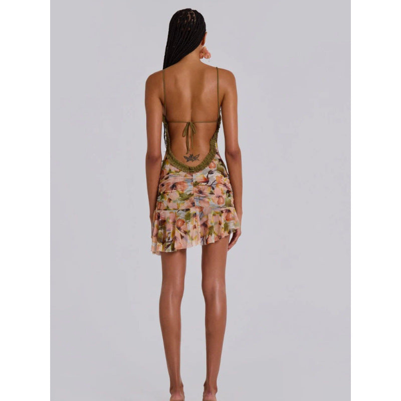 y2k cutout sexy print spaghetti strap mini dress backless sleeveless bodycon women's beach dress