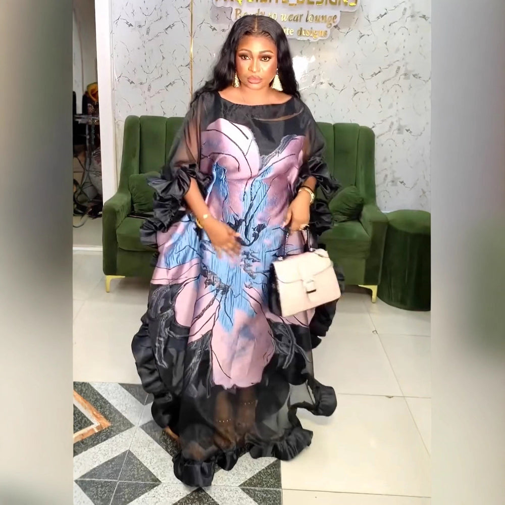 European and american cross-border foreign trade african women's clothing  large size organza dress  printed robe