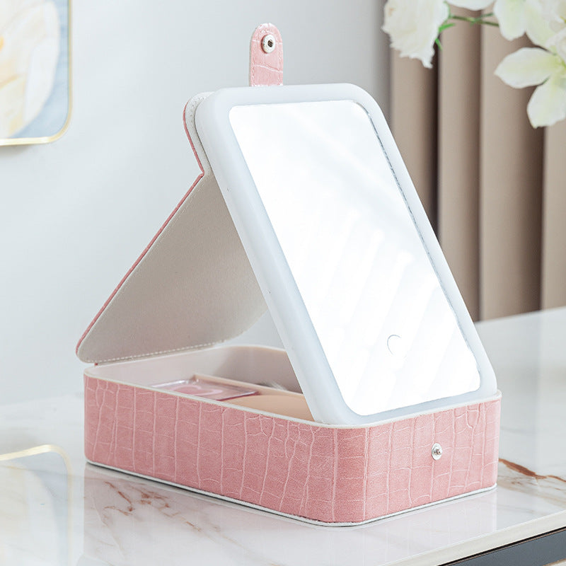 Cosmetics storage box Three-level light LED light Cosmetic bag Portable travel jewelry box Cosmetic mirror Dormitory storage box