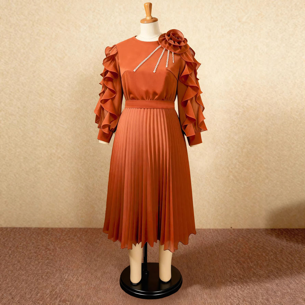 European and american new chiffon 3d floral ruffle dress - slimming, pleated, elegant evening gown