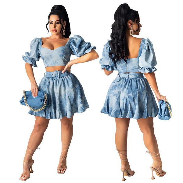 MY717  women's clothing 2021 autumn new washing water bubble sleeves pleated skirt fashion suit  new products