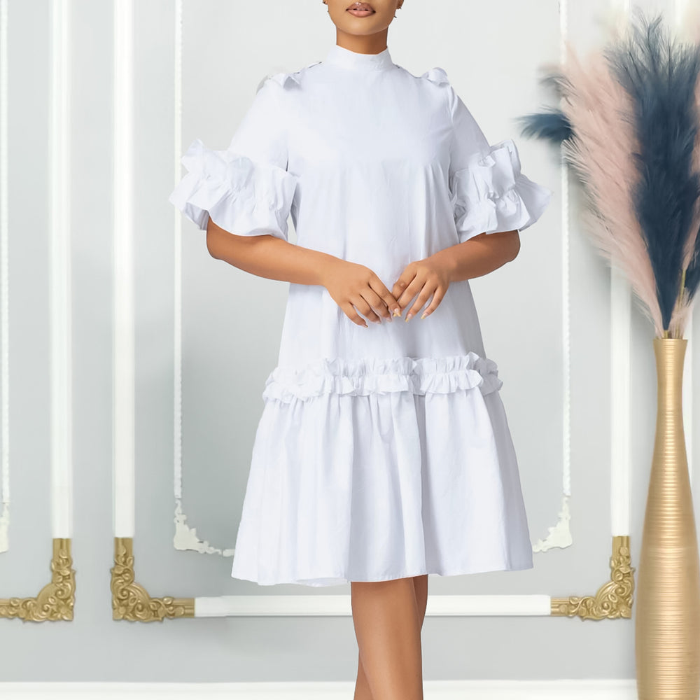 D503 european and american style women's summer  new fashion solid color ruffle trim a-line dress - export quality african dress