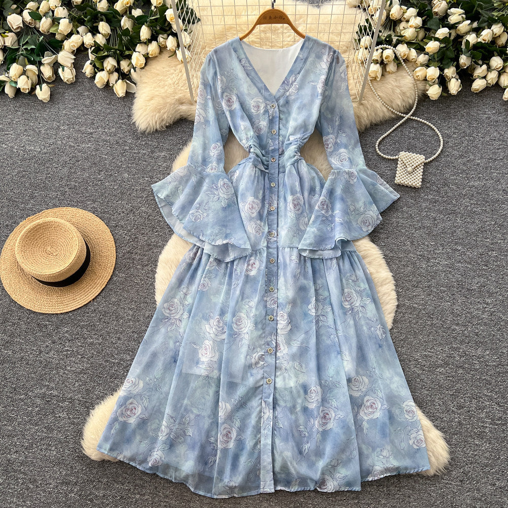 French riviera style rose print v-neck dress - women's spring korean style long sleeve tie-waist slimming maxi dress