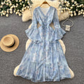 French riviera style rose print v-neck dress - women's spring korean style long sleeve tie-waist slimming maxi dress