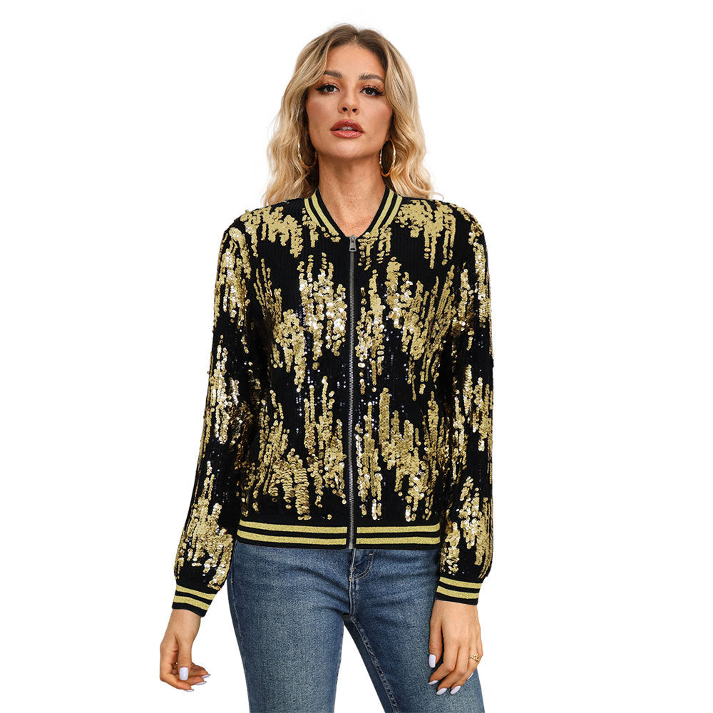 10394 Cross-border European and American  women's clothing autumn and winter baseball clothing fashion casual sequins decorative slim jacket