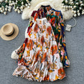 Retroprintingloose medium long pleated skirt women's high waist a-line skirt work clothing large swing drapedelegant long skirt