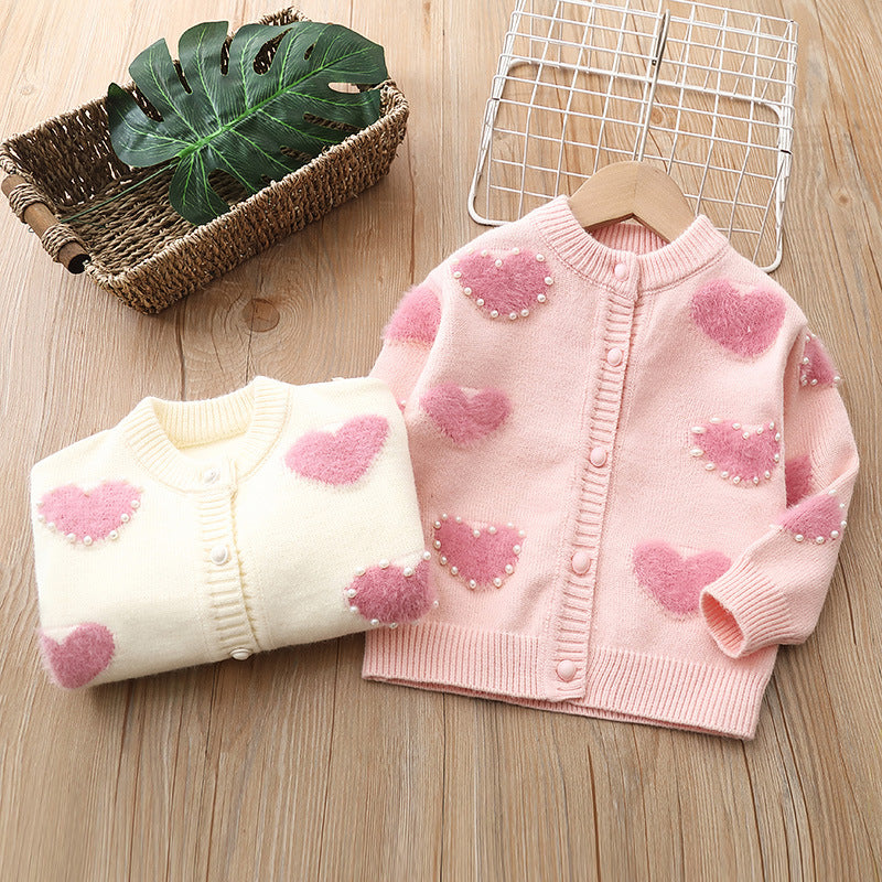 Girls' knitted sweater -  new style baby girl pearl heart pullover cardigan - sweetheart princess fashion top