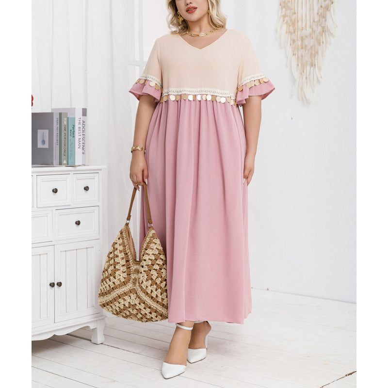 plus size cross-border new arrival  women's original elegant v-neck patchwork minimalist dress + lace trim
