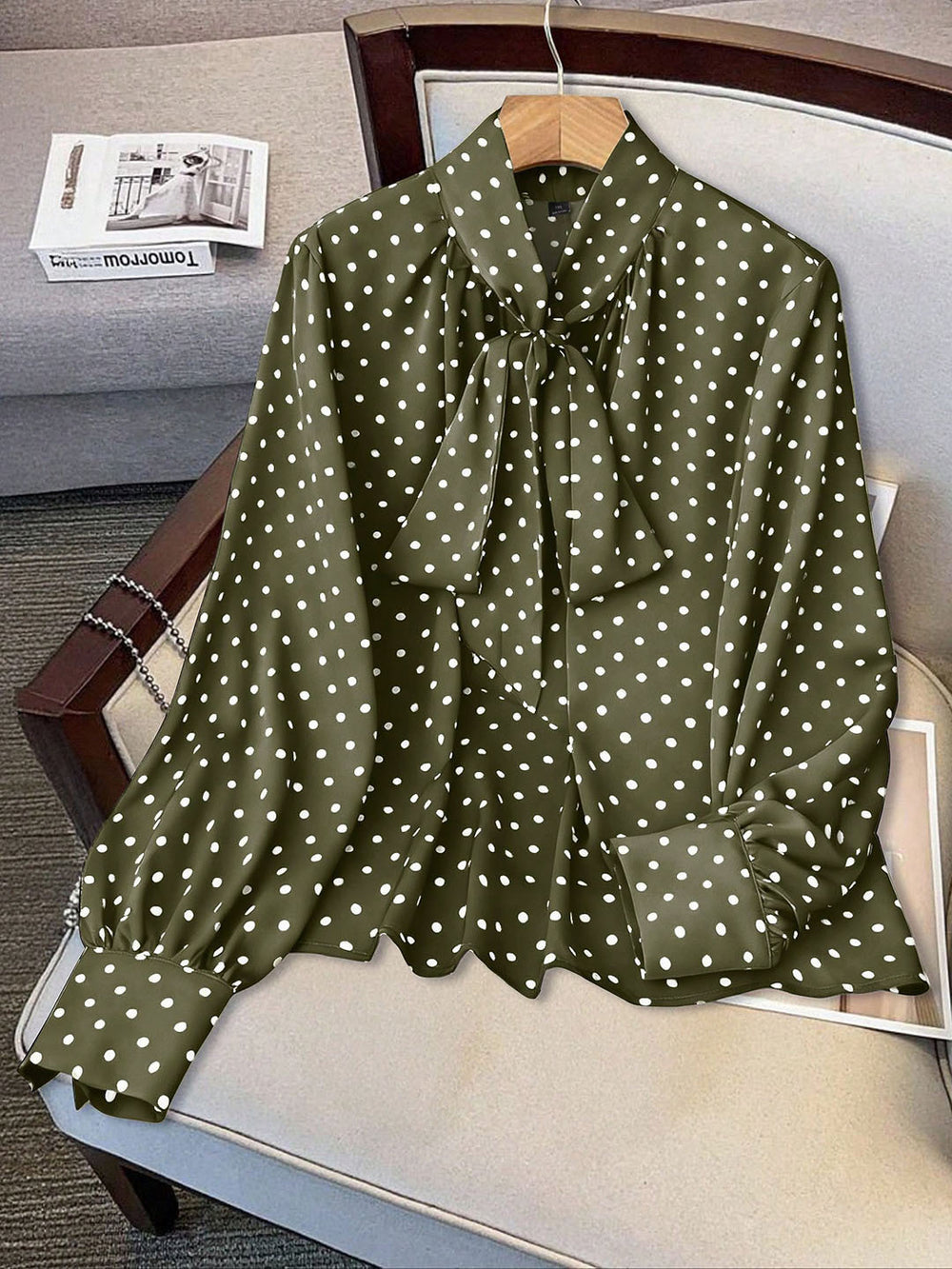 plus size retro polka dot ribbon tie blouse - bow collar, bubble sleeves, tummy control, versatile chiffon shirt