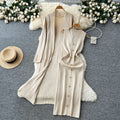 Elegant and chic: oversized knit cardigan with midi length + sleeveless bodycon dress with metallic buckle detail
