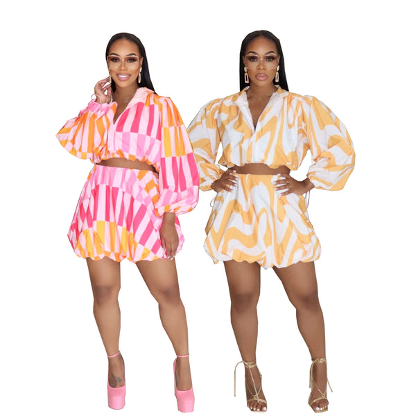 TW653 European and American  independent station women's fashion shirt zipper loose and thin cute bubble sleeve suit skirt