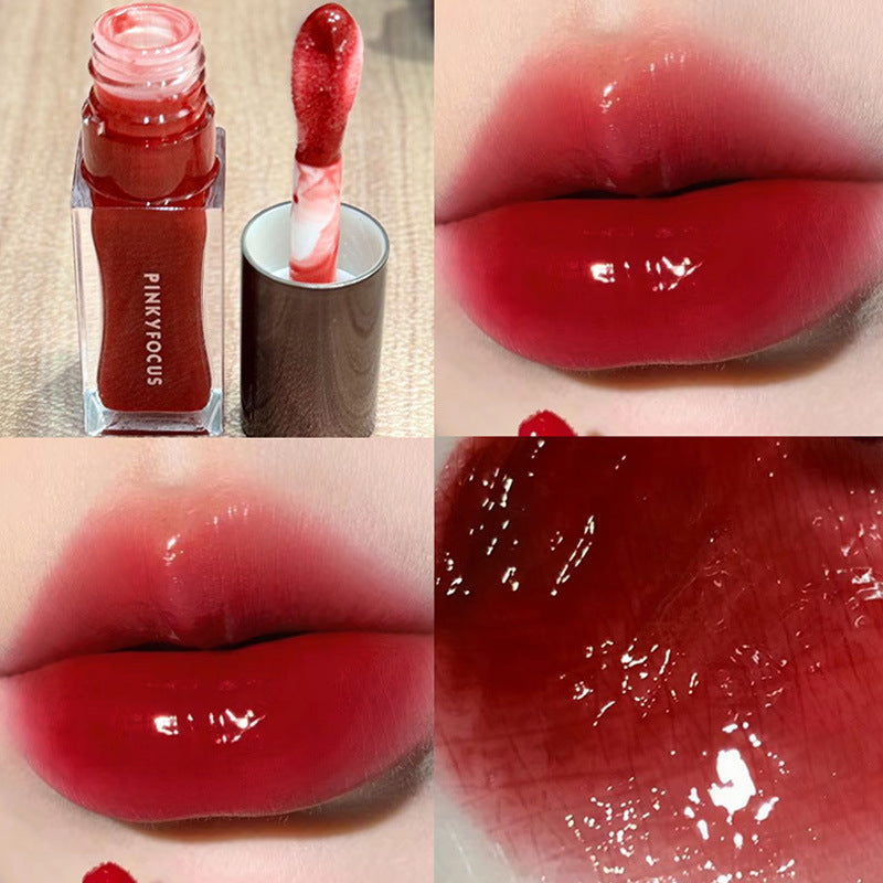 PinkyFocus crimson light transparent lip gloss, long-lasting color rendering, not easy to take off makeup, water light mirror glass lip tender lip glaze