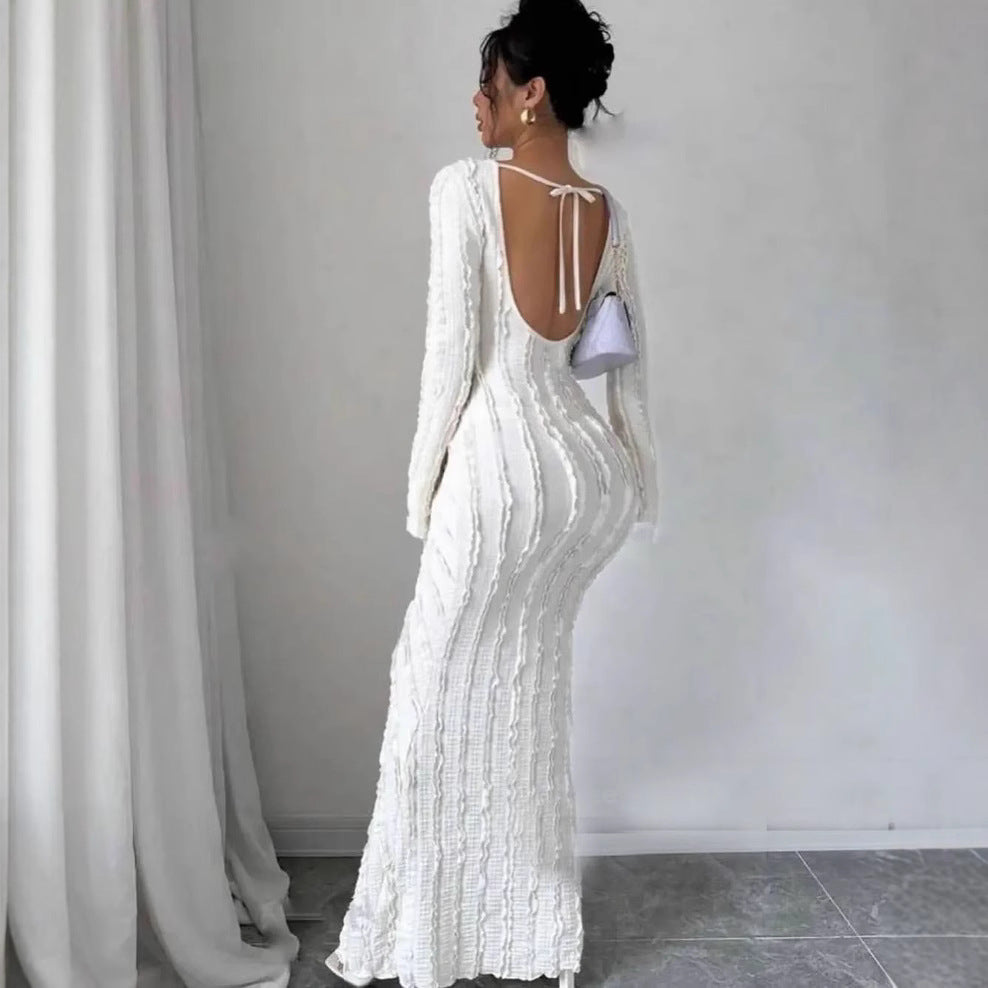 European and american women's clothing  summer new arrivals: sweet and fresh round neck long sleeve high waist slimming midi dress