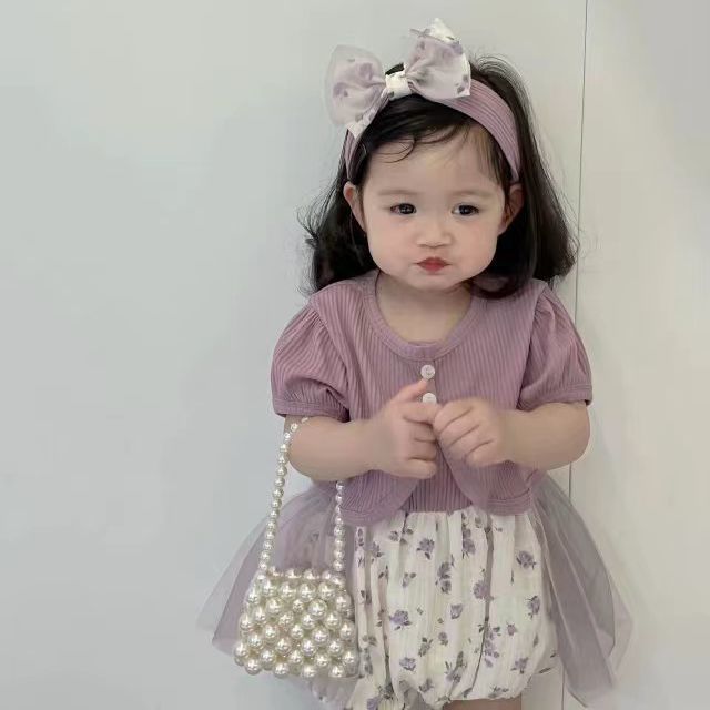 Baby summer thin floral short-sleeve cardigan & romper two-piece set - adorable floral romper outfit