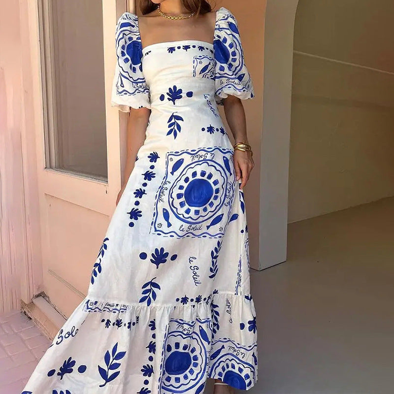 cross-border e-commerce european and american women's clothing: new summer collection - off-the-shoulder printed bubble sleeve maxi dress