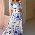 cross-border e-commerce european and american women's clothing: new summer collection - off-the-shoulder printed bubble sleeve maxi dress