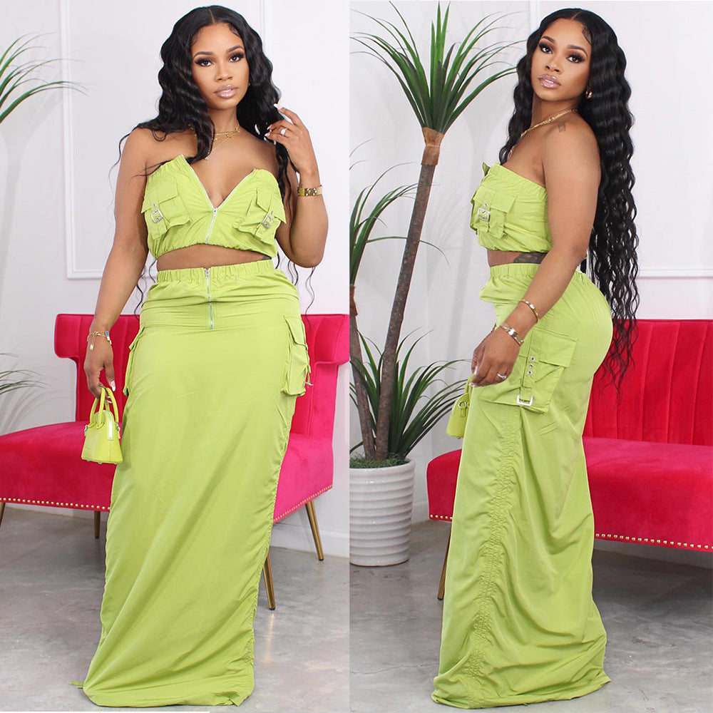 Fashion cross-border women's clothing  casualsuitfashionsexy hot girl chest wrap vest topsmop skirt suit