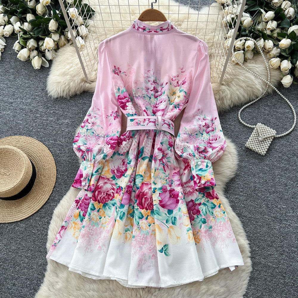 Elegant stand collar lantern sleeve printed dress - women's autumn youthful slimming a-line dress with belt