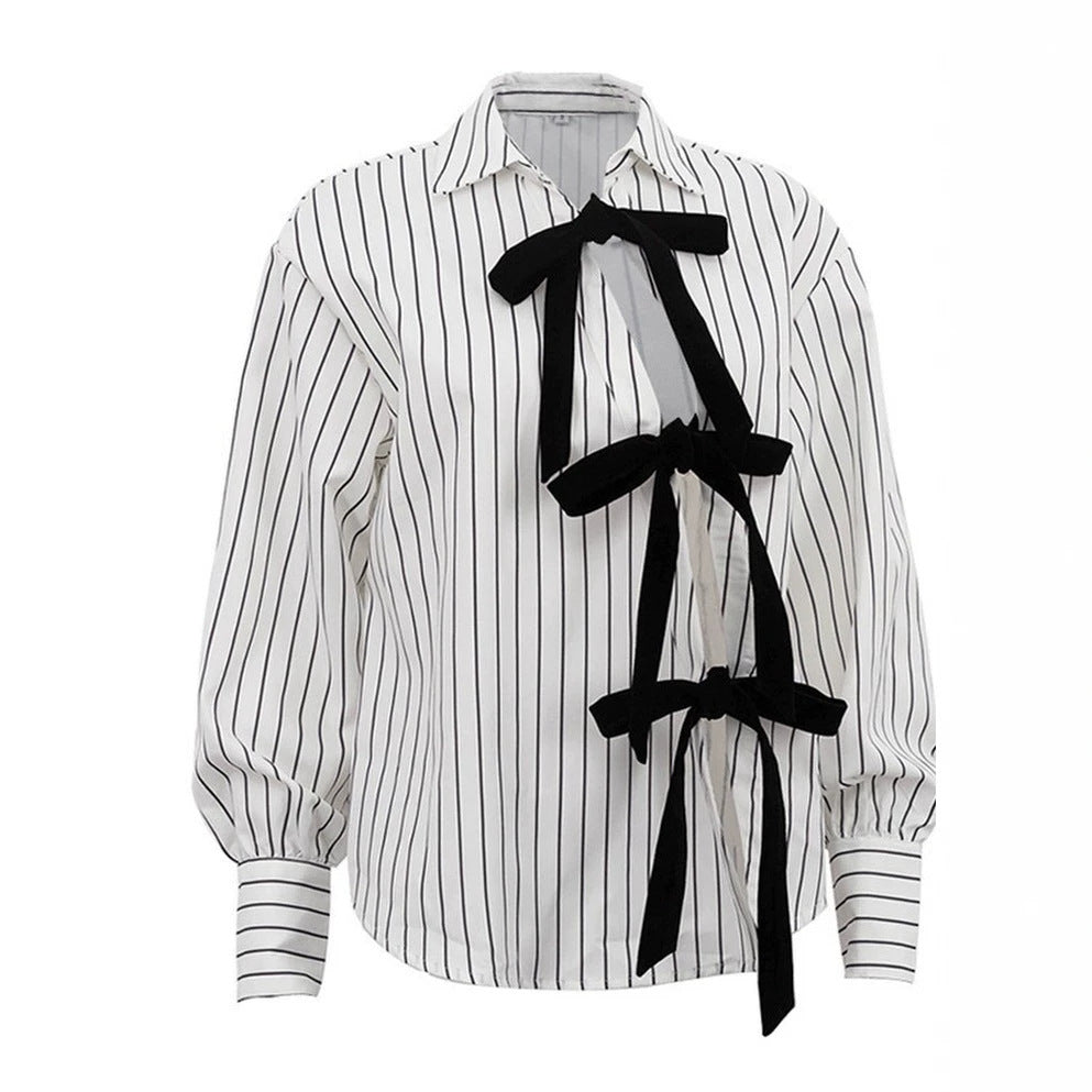 European and american cross-border women's fashion:  summer new arrivals - stylish, designer-inspired, bow-detailed, loose-fit striped long-sleeve shirt top