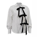 European and american cross-border women's fashion:  summer new arrivals - stylish, designer-inspired, bow-detailed, loose-fit striped long-sleeve shirt top