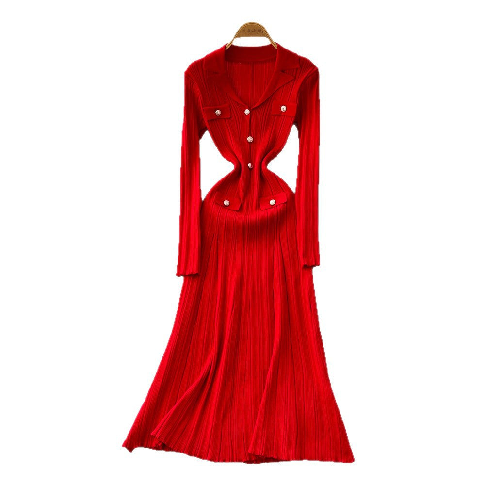 Frenchclassyretro lapel long sleeves metal buckle silmslimming lookelegant vertical pattern knittingdress