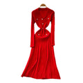 Frenchclassyretro lapel long sleeves metal buckle silmslimming lookelegant vertical pattern knittingdress