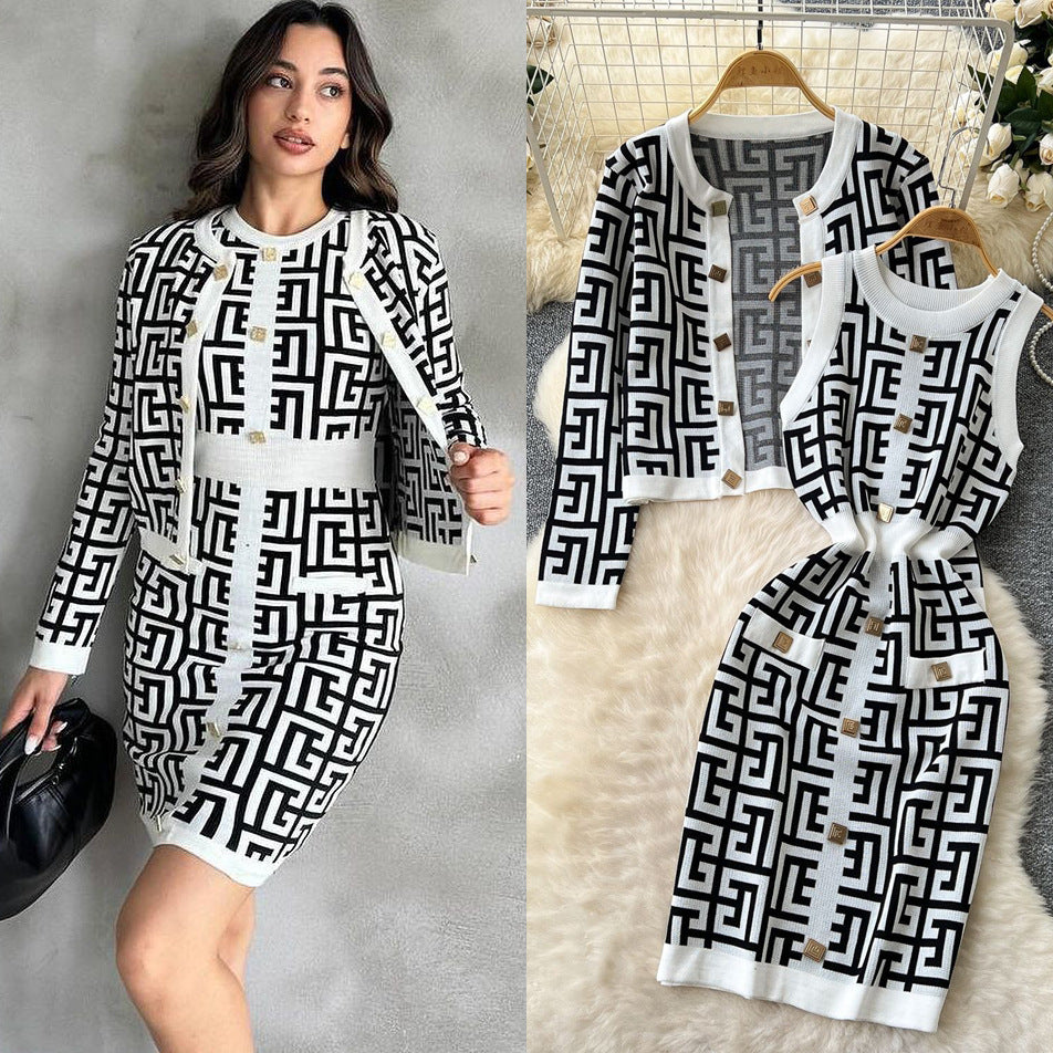 spring/autumn european and american chic tweed-style button-down cardigan and bodycon mini skirt knit two-piece set