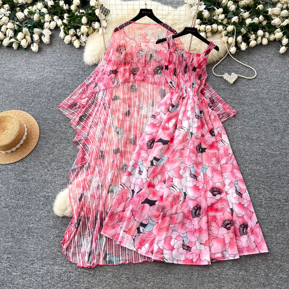 French riviera style printed dress - women's three-quarter sleeve, slim-fit, two-piece summer set with beaded detailing - elegant & professional