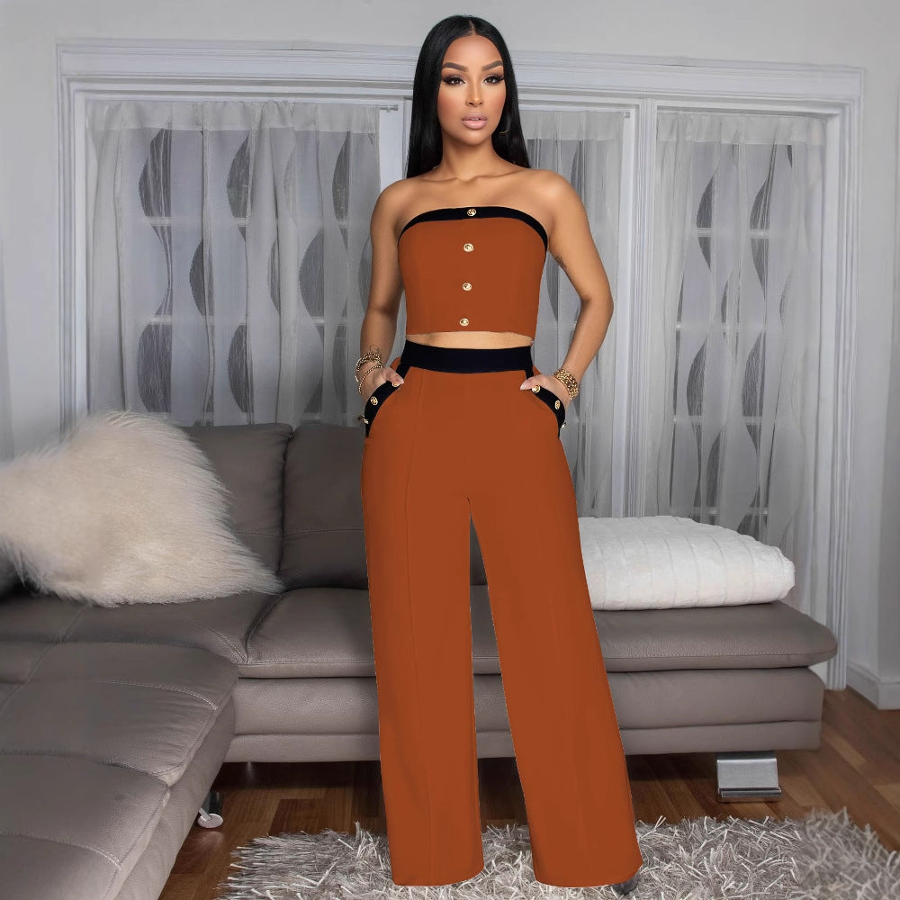 Amazon fashionsexy color matching chest wrap decorative buttons straight-leg high waist wide-leg women's pants suit