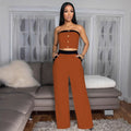 Amazon fashionsexy color matching chest wrap decorative buttons straight-leg high waist wide-leg women's pants suit